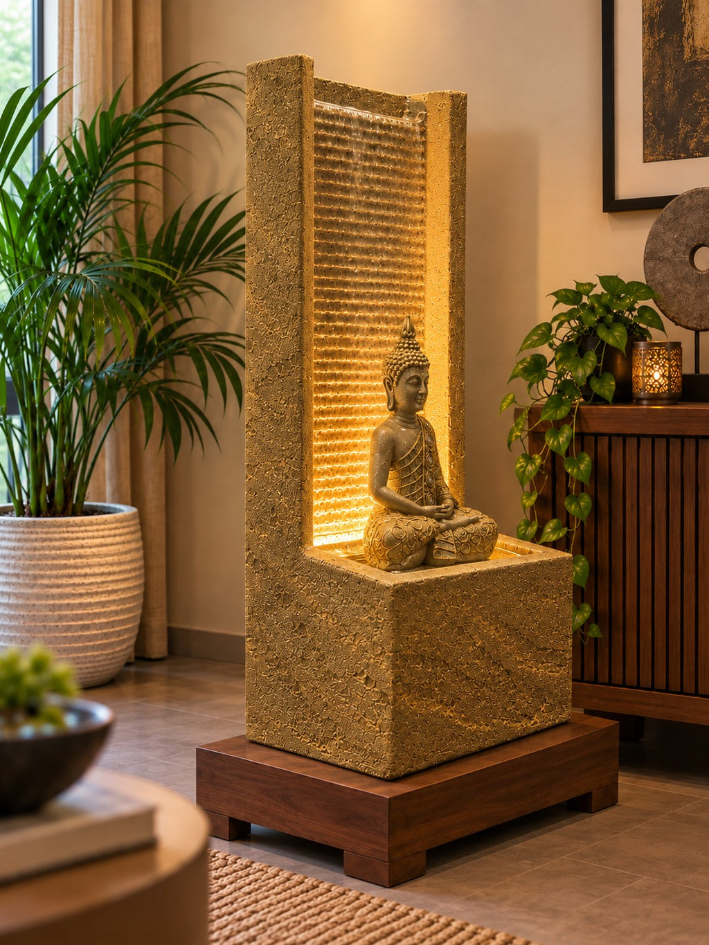2 feet Buddha Waterfall Fountain for Home – LED Indoor Water Fountain with Buddha Idol | Plug & Play