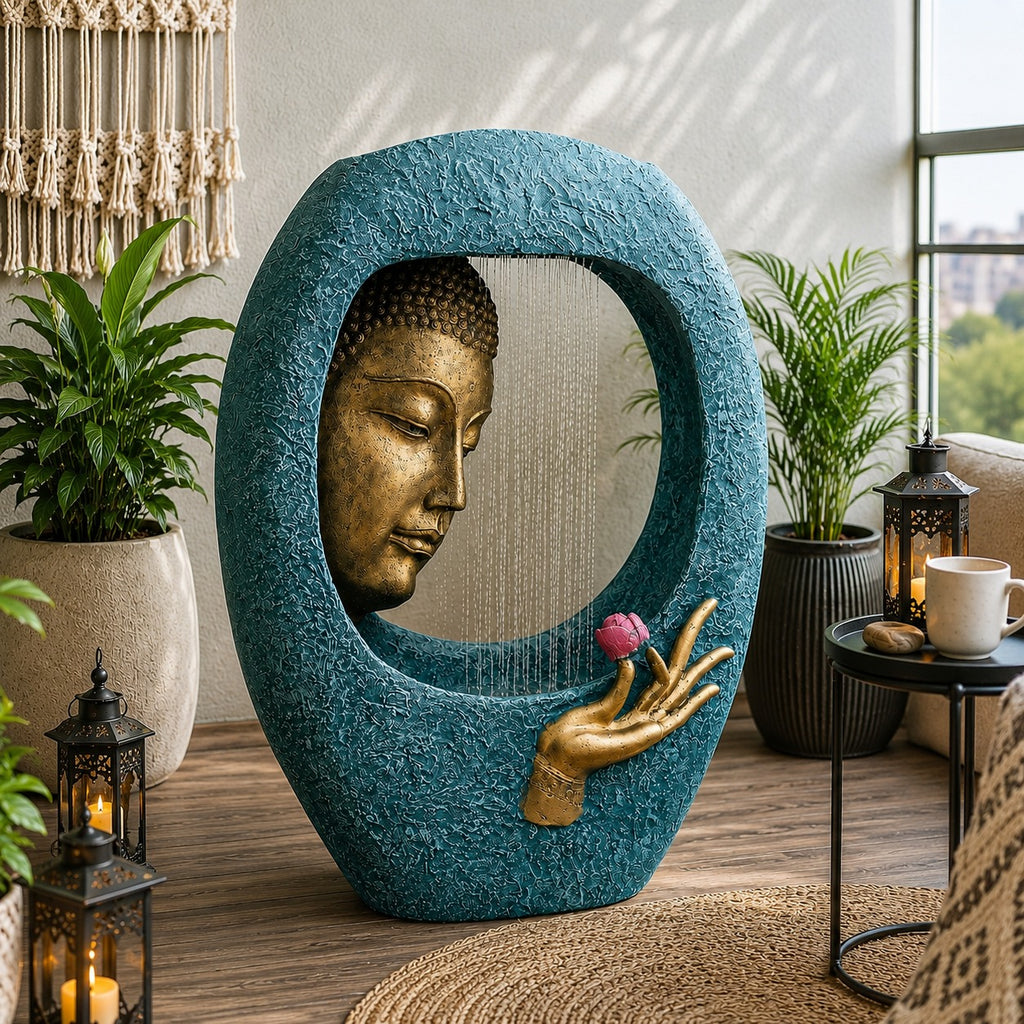 Buddha Face Shower Water Fountain – Blue Gold (3ft)