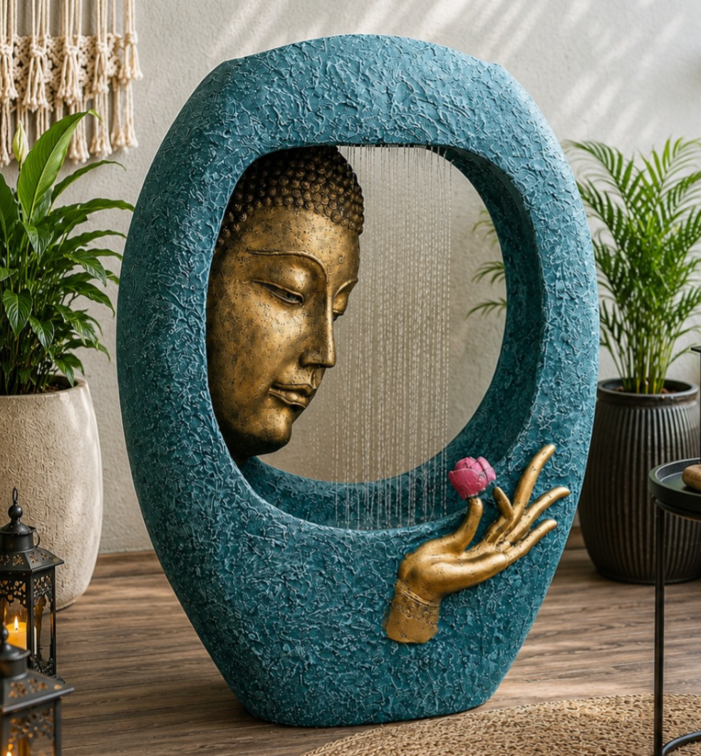 Buddha Face Shower Water Fountain – Blue Gold (3ft)