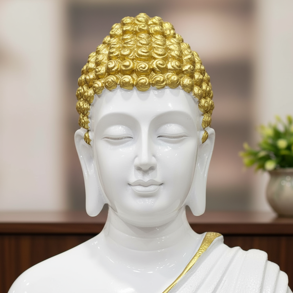 Buddha Showpiece, Statue for Home Decor, Buddha showpiece | Buddha | Buddha for Home Decor | Interior Design | Showpiece for Home, Office, Hotel ( White & Gold)